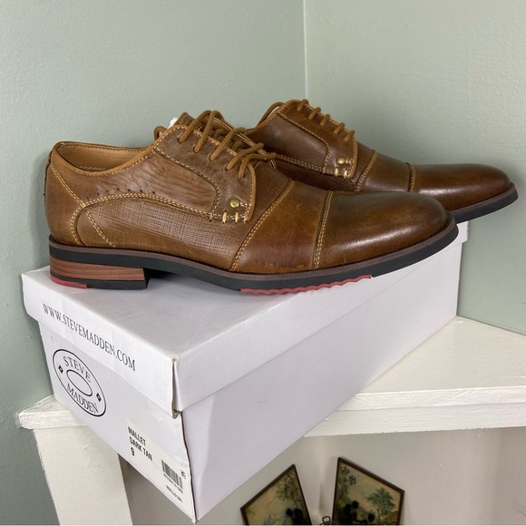 New Steve Madden 9 Mallet Dark Tan Leather Men's Oxfords Shoes Lace Up Cap Toe - Picture 1 of 16